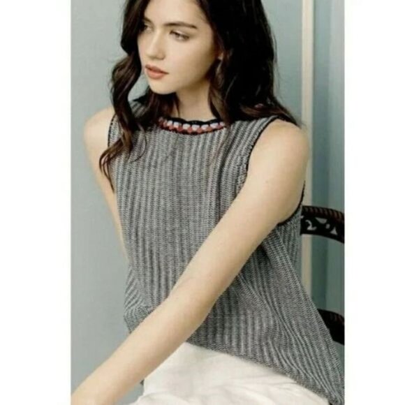 THML Sleeveless Sweater Top Blue/White Stripe Knit Crochet Round Collar Cotton S - Picture 1 of 12